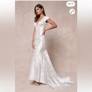 Lulus Loveliest Dream White Satin Jacquard Backless Mermaid Maxi Dress Large